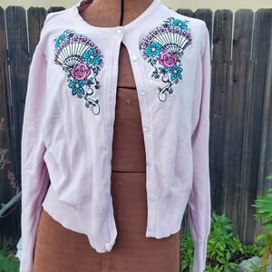 Hell Bunny Pink Cardigan with Floral Embroidery